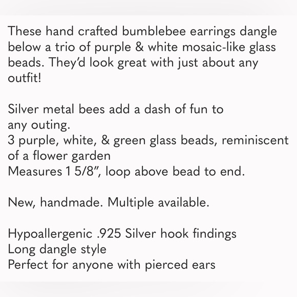 Hand Crafted Earrings Bumble Bee Dangle Silver Purple Mosaic Pierced Long - Picture 7 of 7